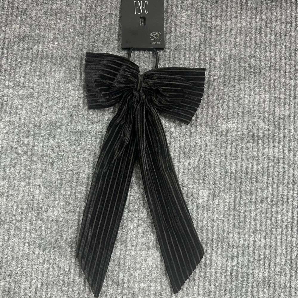 INC International Concepts Hair Tie Women OS Black New Ribbed Velvet Bow Tail